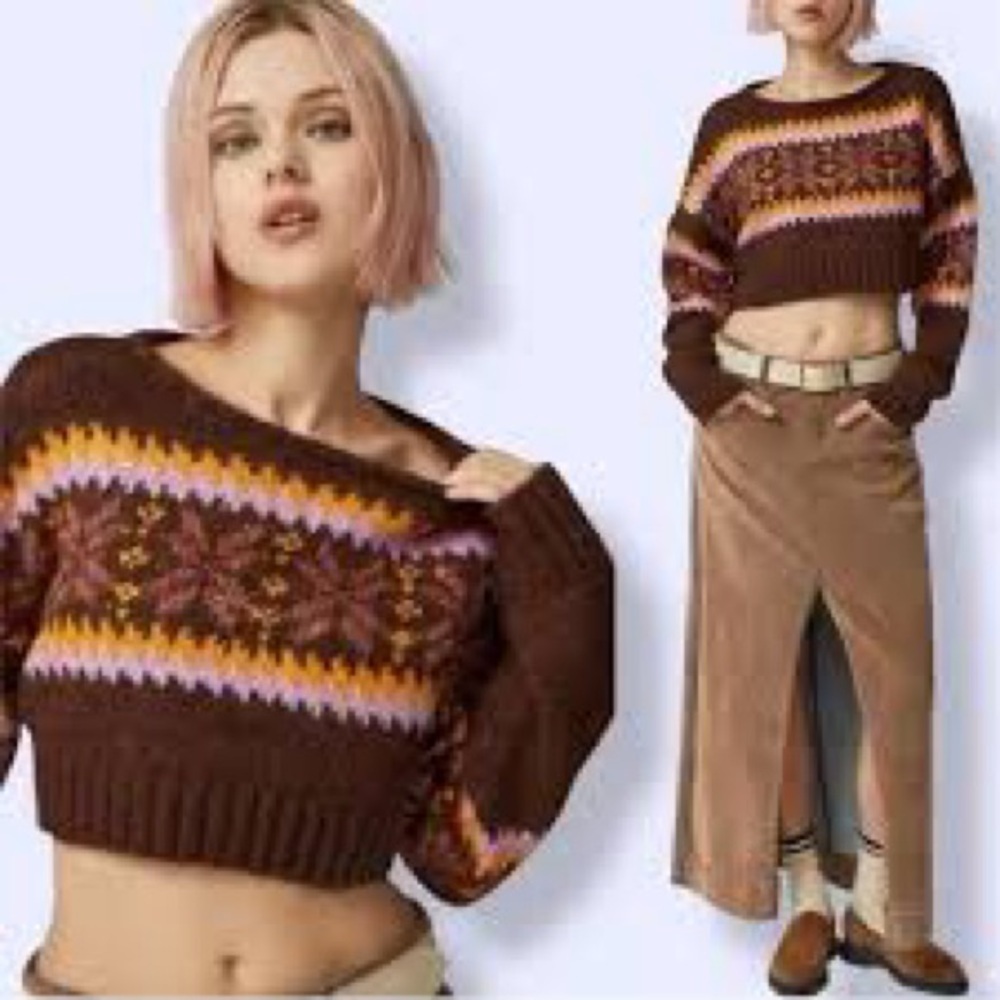Urban Outfitters Turner Ultra Cropped Relaxed Fairisle Sweater In Brown Size SP